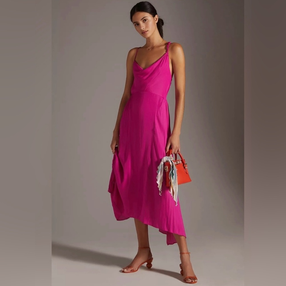 Maeve Anthropologie Vibrant Pink Asymmetrical Slip Dress